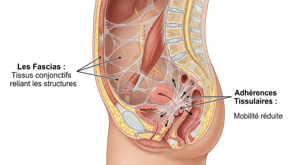 Illustration anatomique montrant les fascias et les adhérences tissulaires dans le corps humain.
