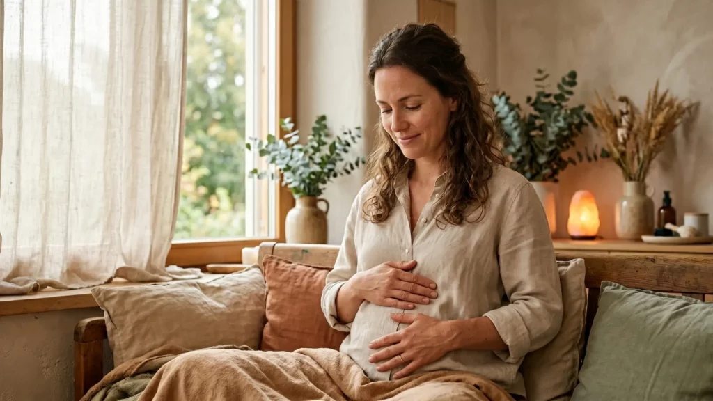 Une femme enceinte est assise sur un canapé en bois, souriante, le regard posé vers le bas tout en tenant son ventre à deux mains. Elle se trouve dans une pièce chaleureuse et lumineuse, décorée dans des tons naturels et terreux, avec de grandes fenêtres, des plantes et une lampe de sel allumée en arrière-plan.