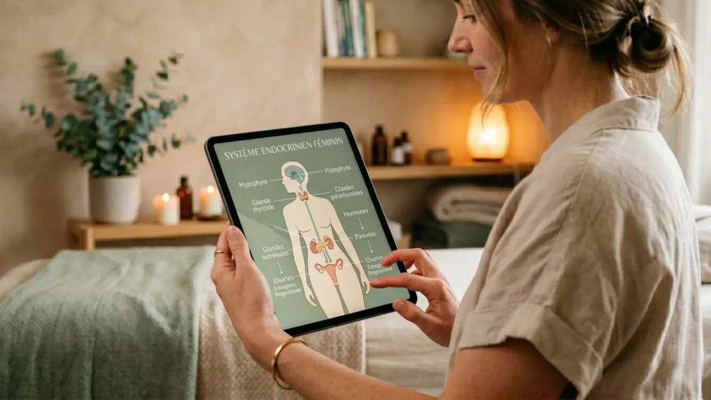 Une femme vue de profil tient une tablette affichant un schéma médical intitulé « SYSTÈME ENDOCRINIEN FÉMININ ». L'illustration sur l'écran montre le corps humain et pointe différentes glandes (hypophyse, thyroïde, surrénales, pancréas, ovaires). L'arrière-plan présente une pièce chaleureuse et lumineuse avec une table de massage, des bougies et des étagères.
