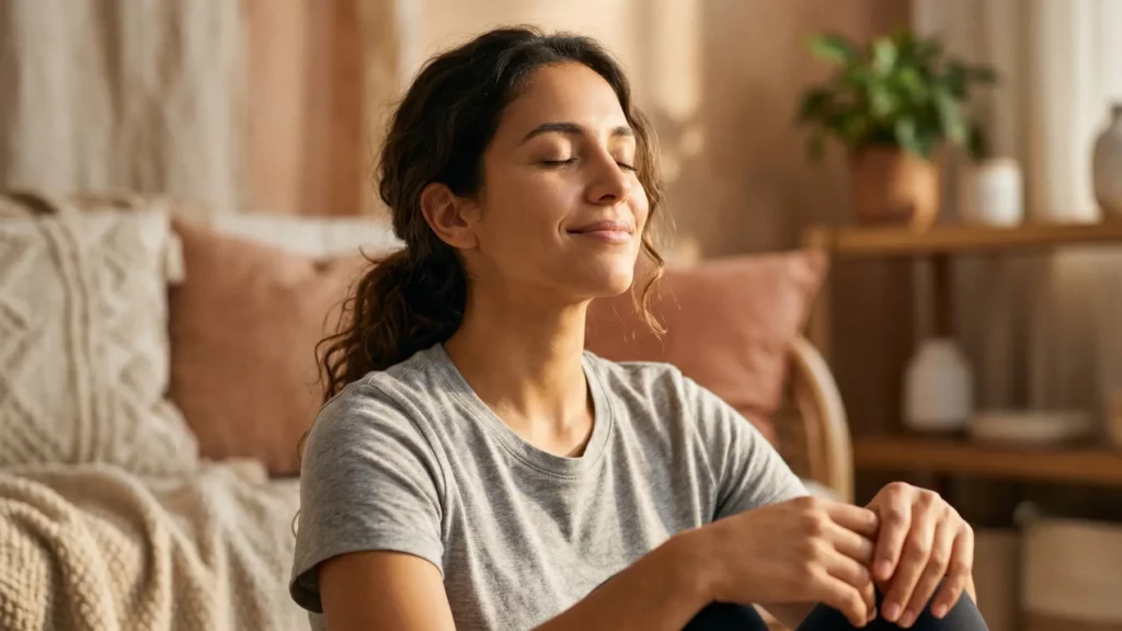 Une jeune femme assise par terre chez elle, les yeux fermés et un léger sourire aux lèvres, affichant une expression d'apaisement et de sérénité.