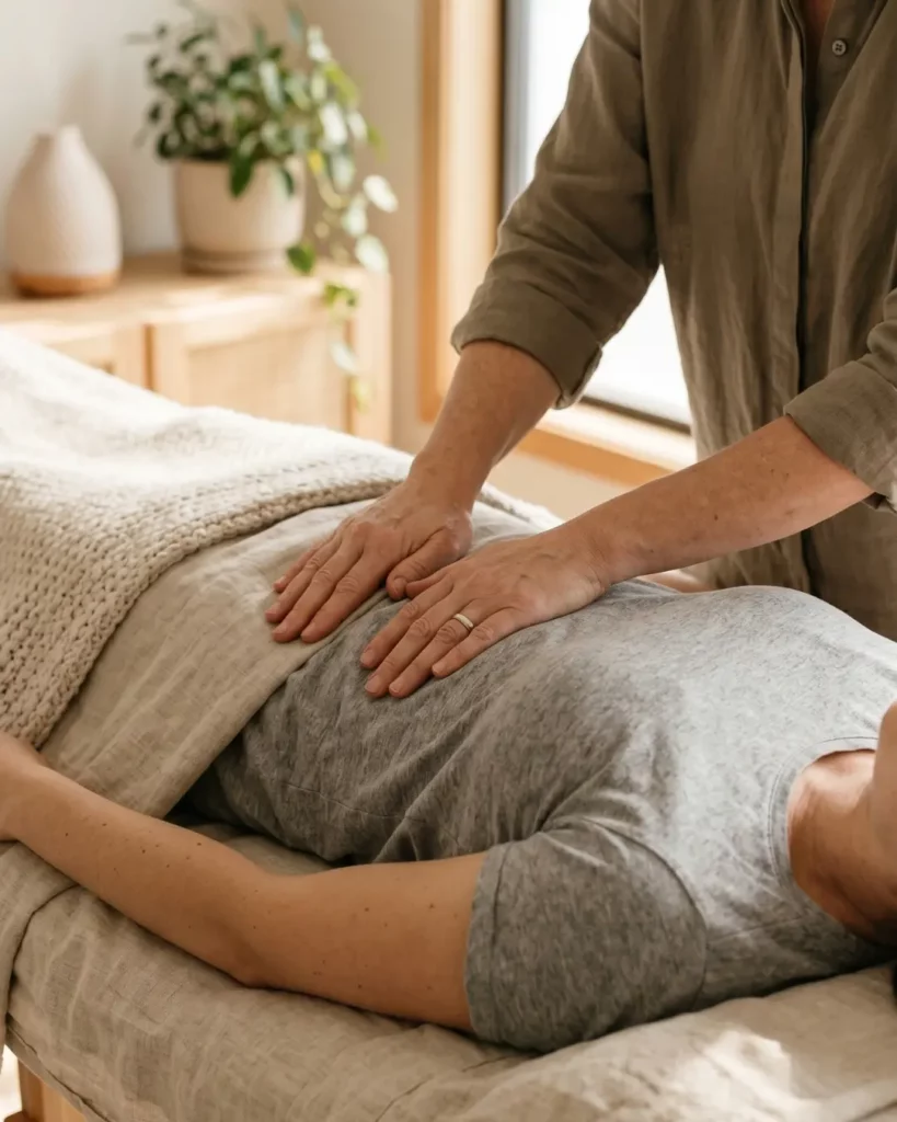Les mains d'un praticien posées doucement sur le ventre d'une personne allongée sur une table de massage lors d'un soin.