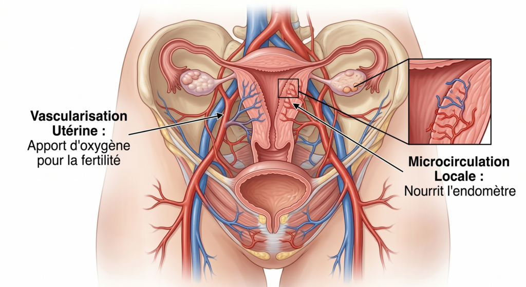 Illustration anatomique montrant la circulation sanguine et la vascularisation de l'appareil reproducteur féminin.