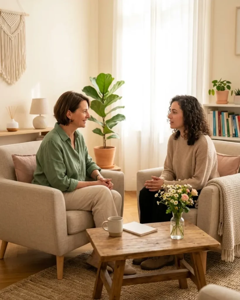 Deux femmes assises face à face dans des fauteuils confortables, discutant chaleureusement dans un salon lumineux et décoré avec soin.