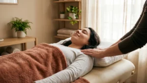 Une femme allongée sur une table de massage, les yeux fermés et le visage serein, reçoit un soin d'une personne dont on ne voit que les bras posés délicatement sur ses épaules.