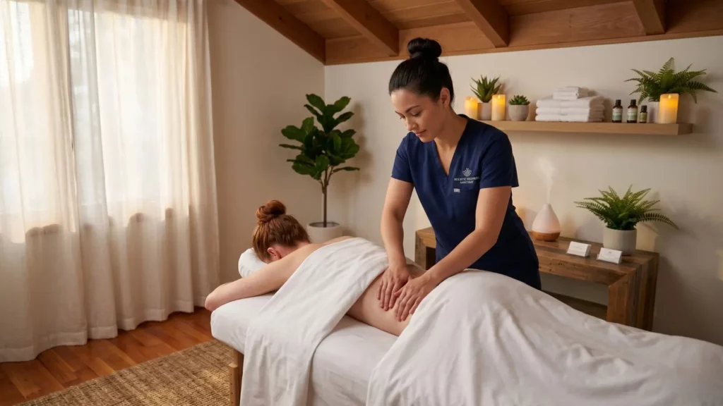 Une thérapeute en uniforme bleu marine masse le bas du dos d'une cliente allongée sur le ventre sur une table de massage, recouverte d'un drap blanc. La scène se déroule dans un espace de soins lumineux au style épuré, avec des éléments en bois, des plantes vertes, des bougies allumées et des serviettes pliées sur une étagère.