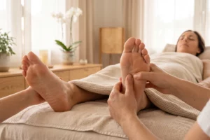 Une femme profondément détendue recevant un soin sur une table de massage dans un cabinet lumineux et apaisant.