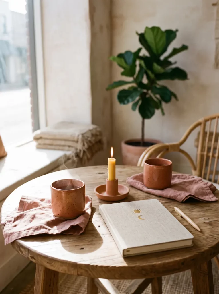Petite table ronde en bois avec une tasse de boisson chaude fumante, un carnet fermé aux motifs célestes, une bougie allumée et une plante verte en arrière-plan.